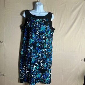 AB Studio Womens Size 12 Abstract Blue Green Ikat Print Sleeveless Shift Dress